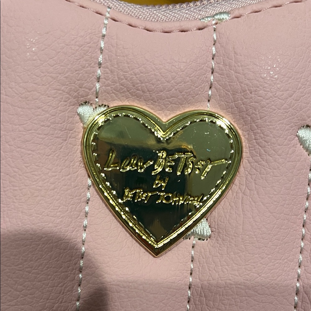 Betsey Johnson Pink Heart Wristlet Clutch with Black Strap - Picture 2 of 6